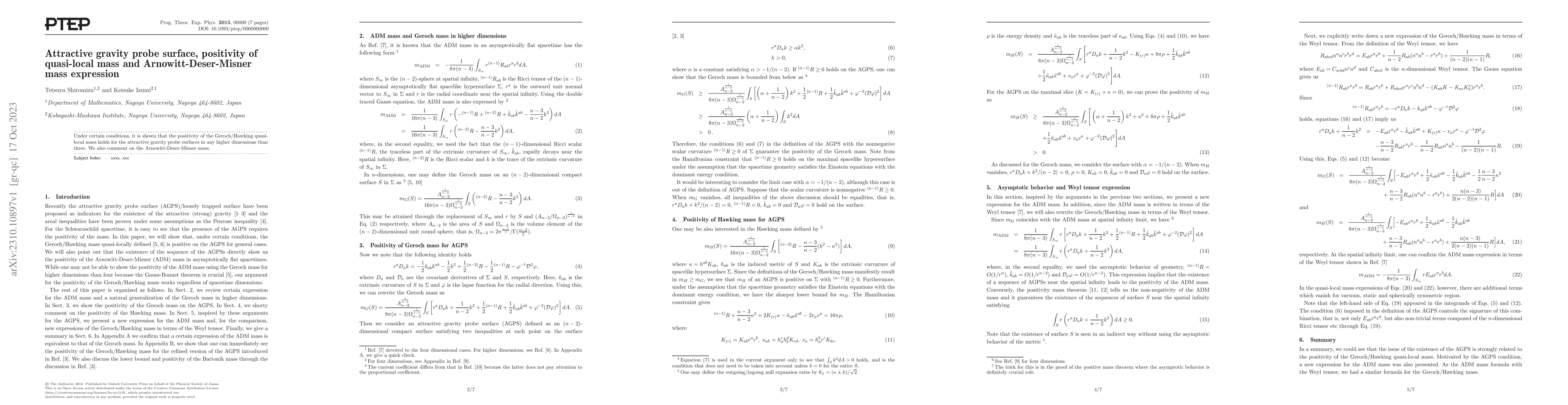 Thumbnail for Attractive gravity probe surface, positivity of quasi-local mass and
  Arnowitt-Deser-Misner mass expression