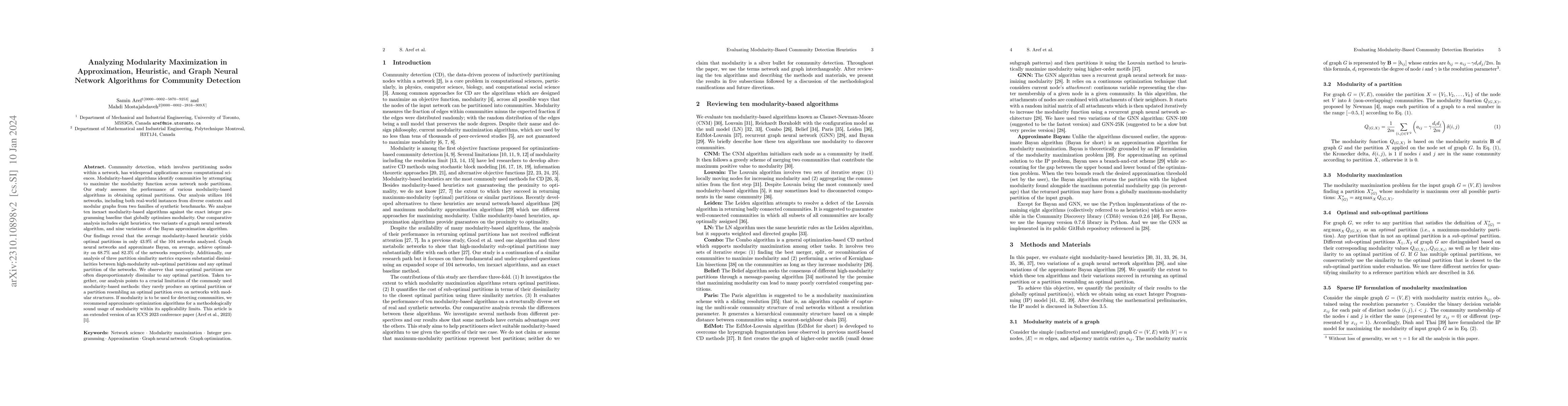 Thumbnail for Analyzing Modularity Maximization in Approximation, Heuristic, and Graph
  Neural Network Algorithms for Community Detection