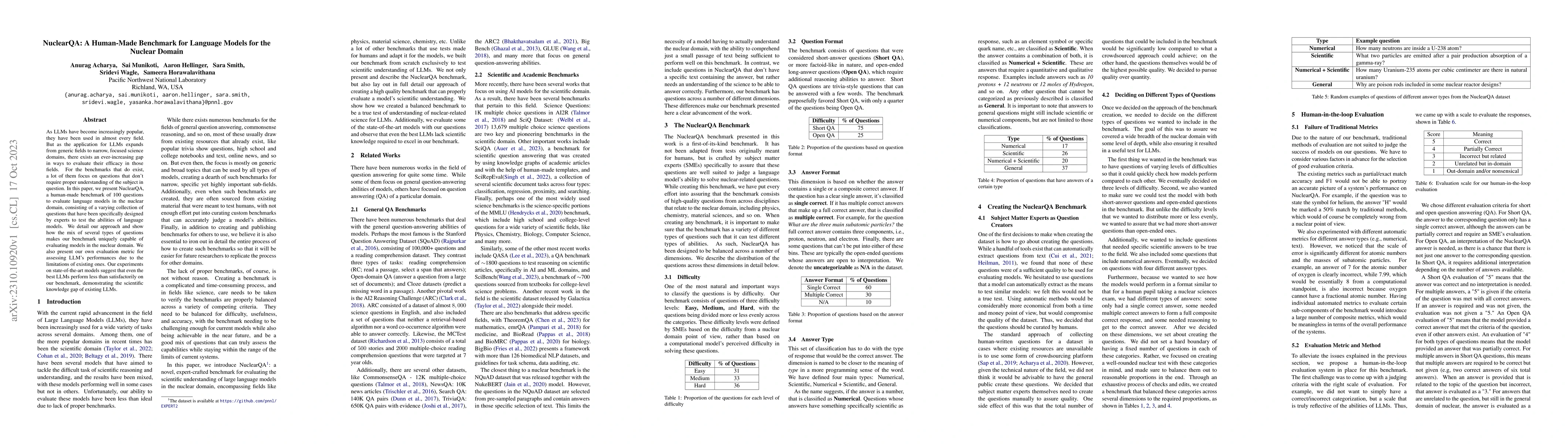 Thumbnail for NuclearQA: A Human-Made Benchmark for Language Models for the Nuclear
  Domain
