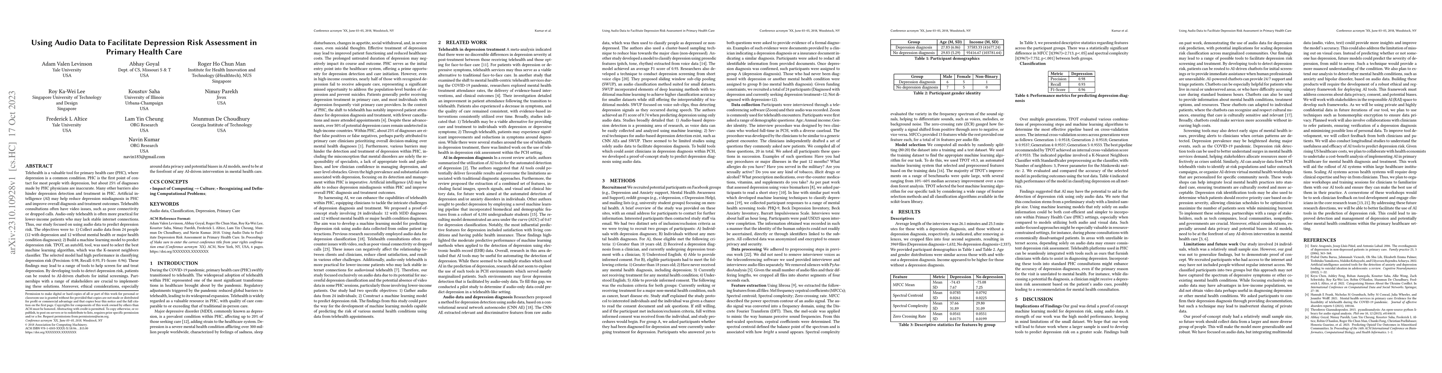 Thumbnail for Using Audio Data to Facilitate Depression Risk Assessment in Primary
  Health Care
