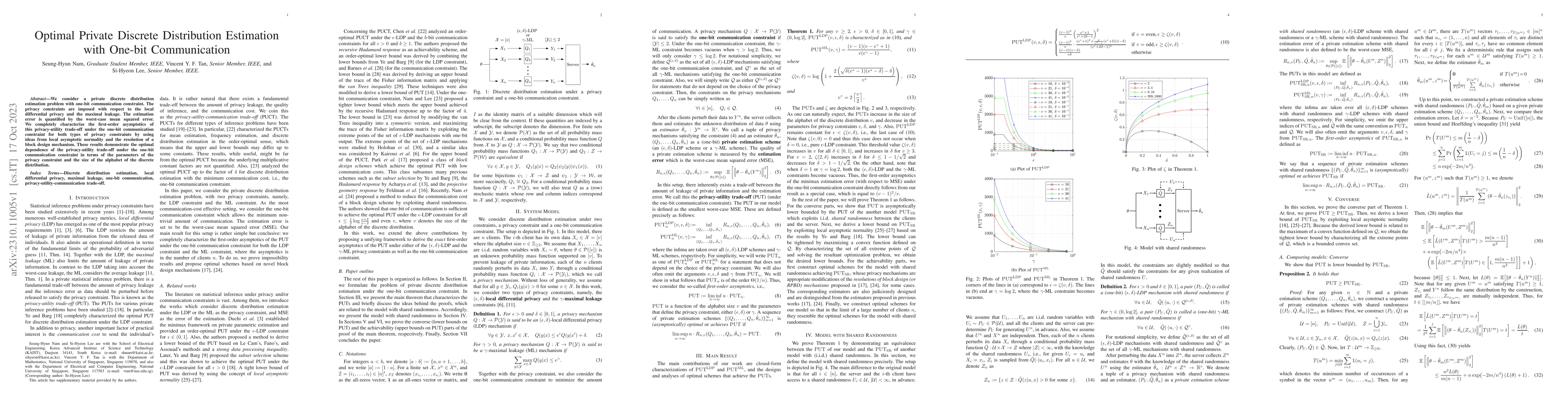 Thumbnail for Optimal Private Discrete Distribution Estimation with One-bit
  Communication