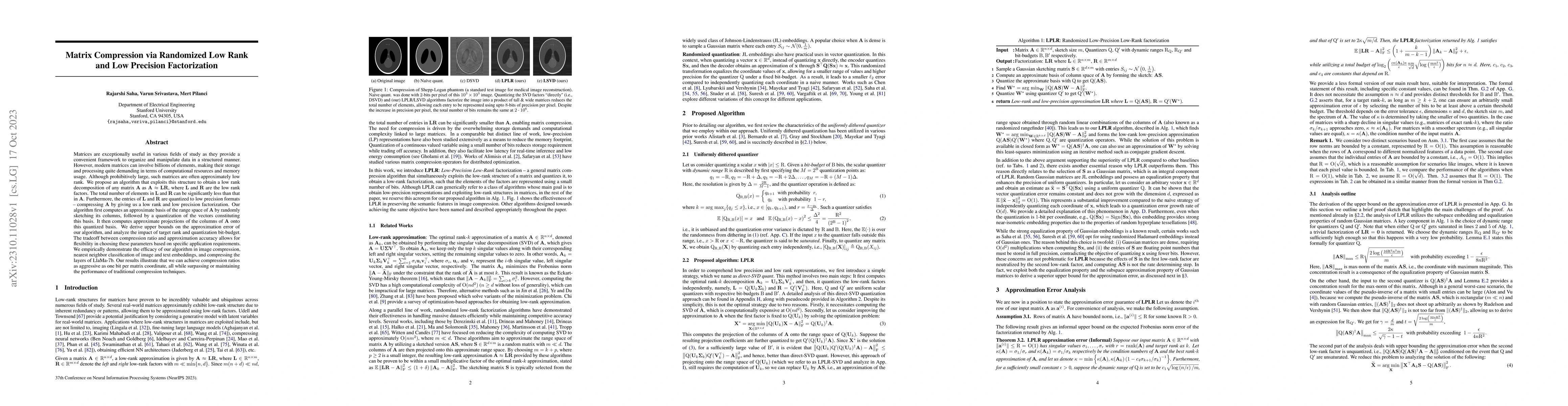 Thumbnail for Matrix Compression via Randomized Low Rank and Low Precision
  Factorization