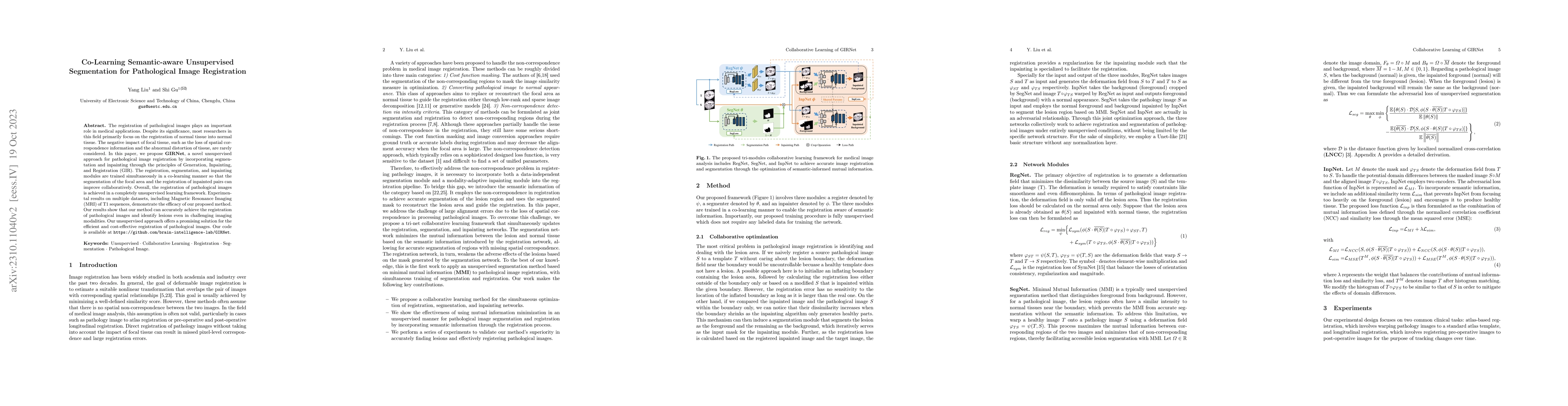 Thumbnail for Co-Learning Semantic-aware Unsupervised Segmentation for Pathological
  Image Registration