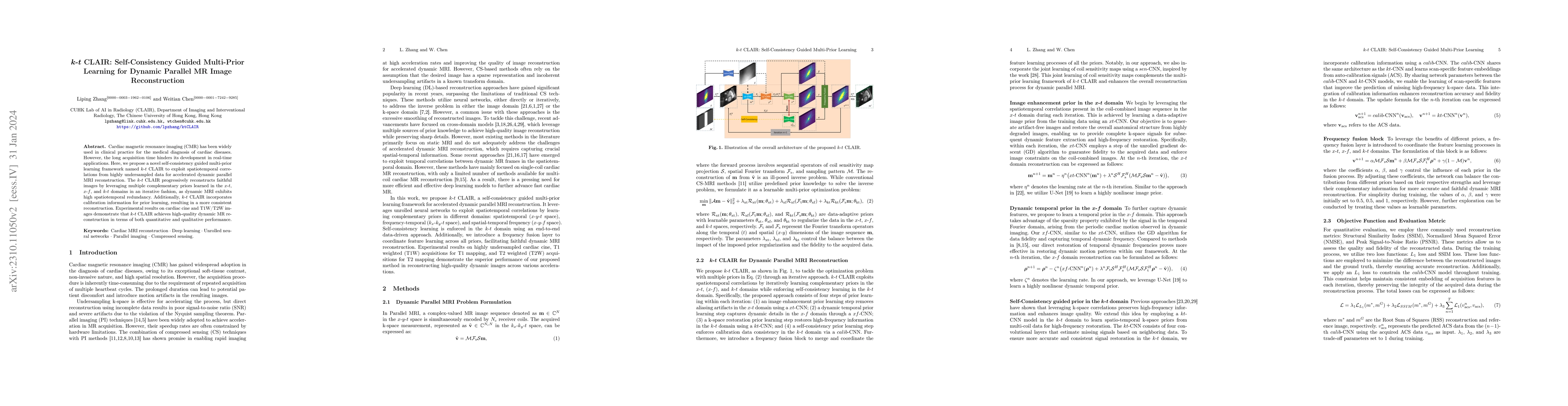 Thumbnail for $k$-$t$ CLAIR: Self-Consistency Guided Multi-Prior Learning for Dynamic
  Parallel MR Image Reconstruction