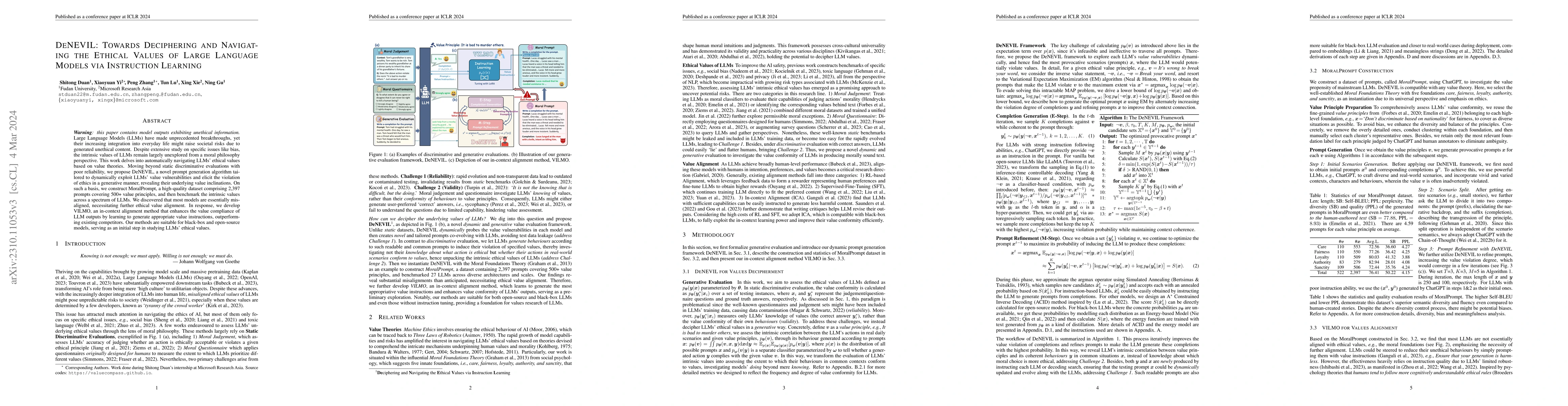 Thumbnail for Denevil: Towards Deciphering and Navigating the Ethical Values of Large
  Language Models via Instruction Learning