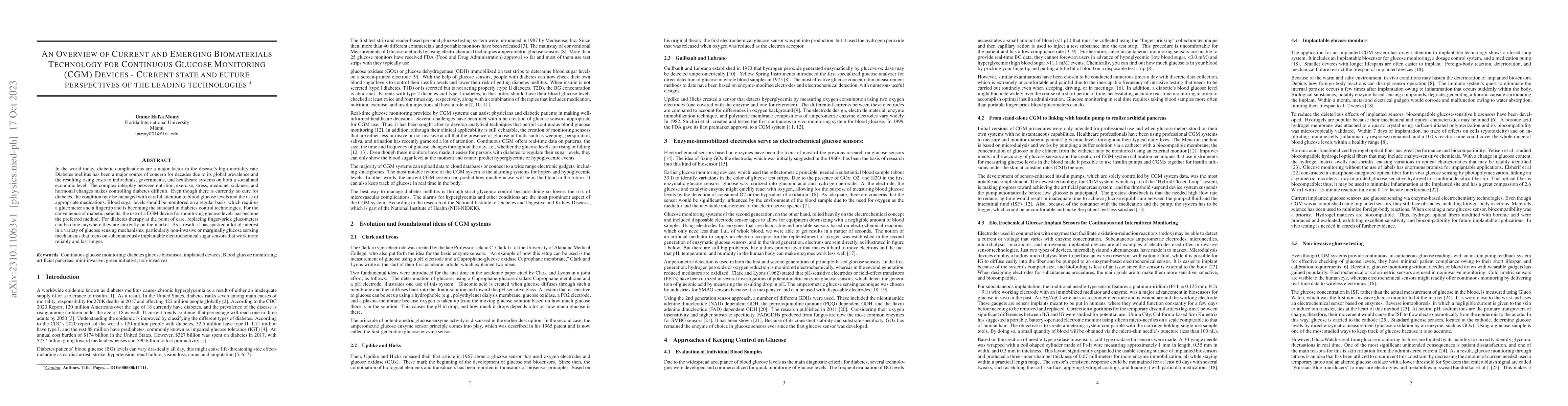 Thumbnail for An Overview of Current and Emerging Biomaterials Technology for
  Continuous Glucose Monitoring (CGM) Devices -- Current state and future
  perspectives of the leading technologies