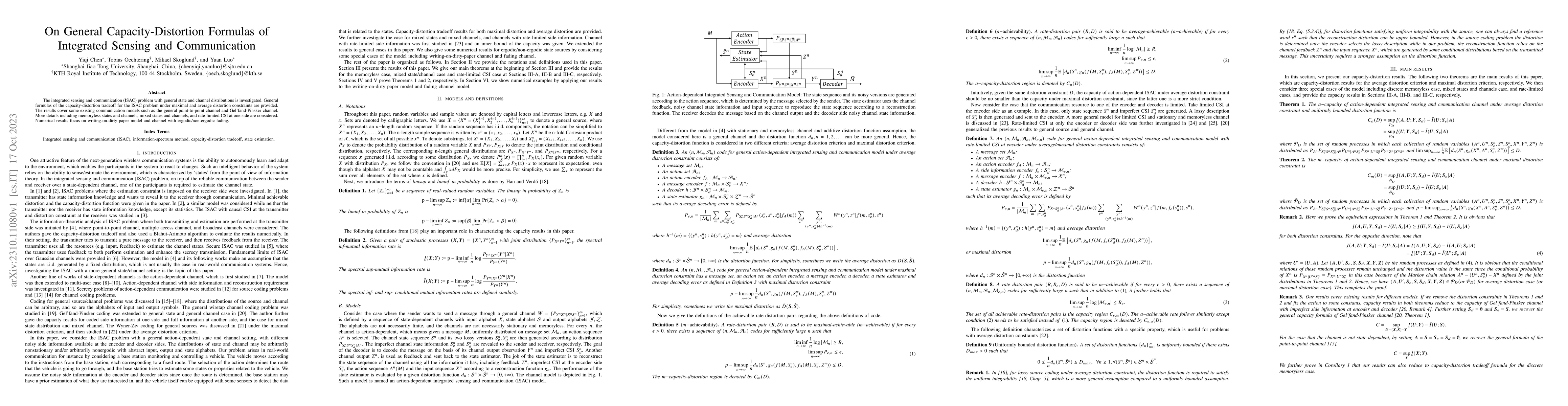 Thumbnail for On General Capacity-Distortion Formulas of Integrated Sensing and
  Communication