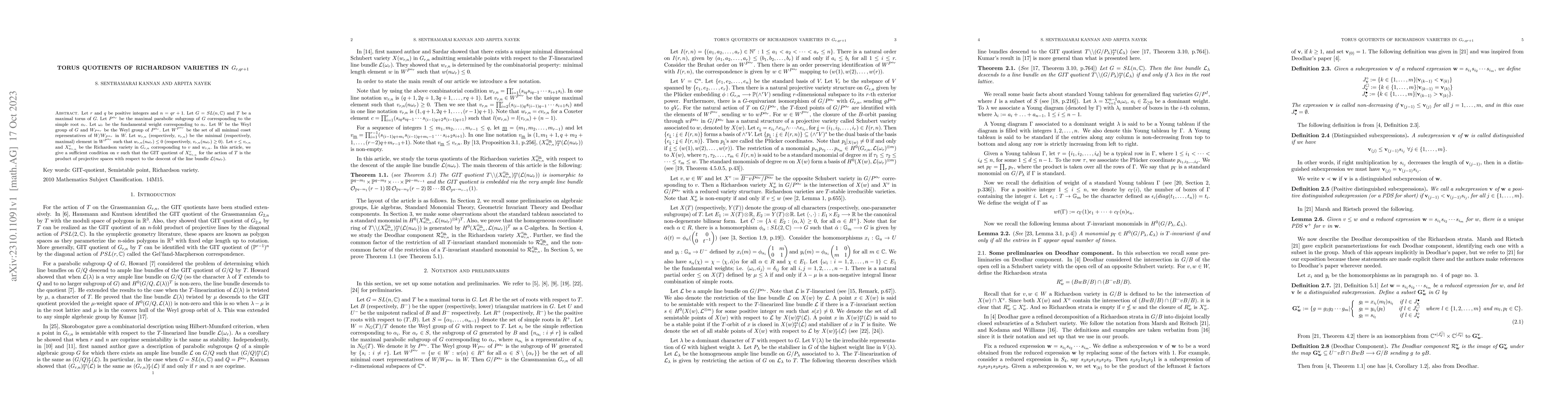 Thumbnail for Torus quotients of Richardson varieties in $G_{r,qr+1}$