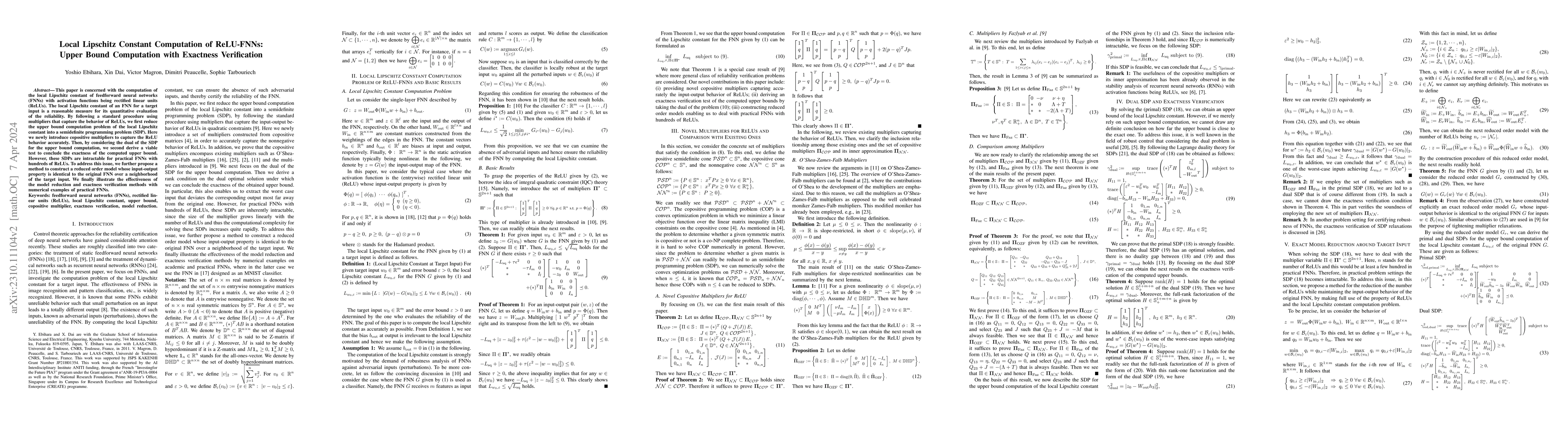 Thumbnail for Local Lipschitz Constant Computation of ReLU-FNNs: Upper Bound
  Computation with Exactness Verification