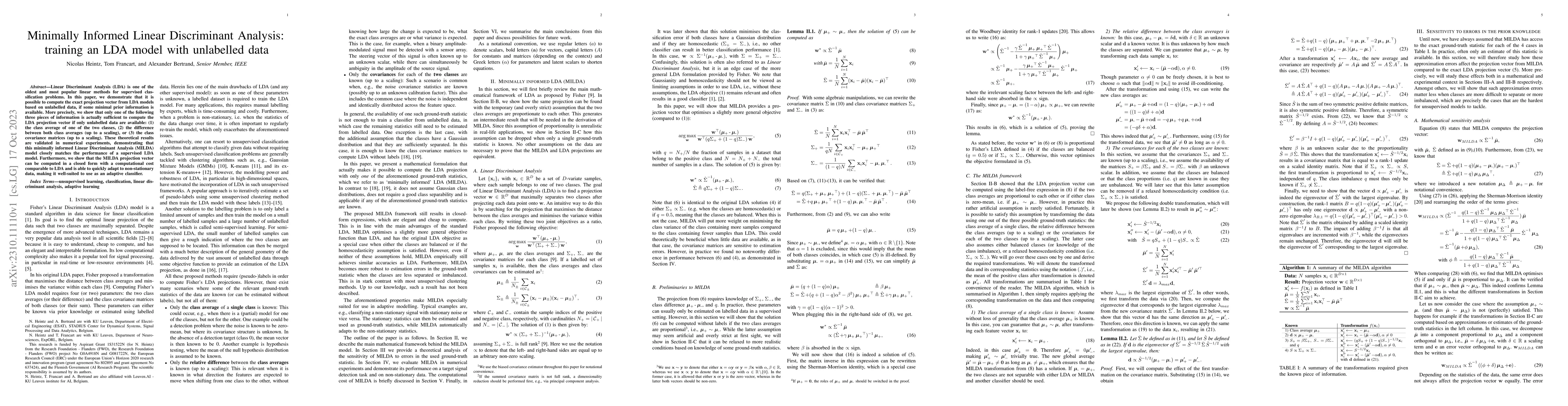 Thumbnail for Minimally Informed Linear Discriminant Analysis: training an LDA model
  with unlabelled data