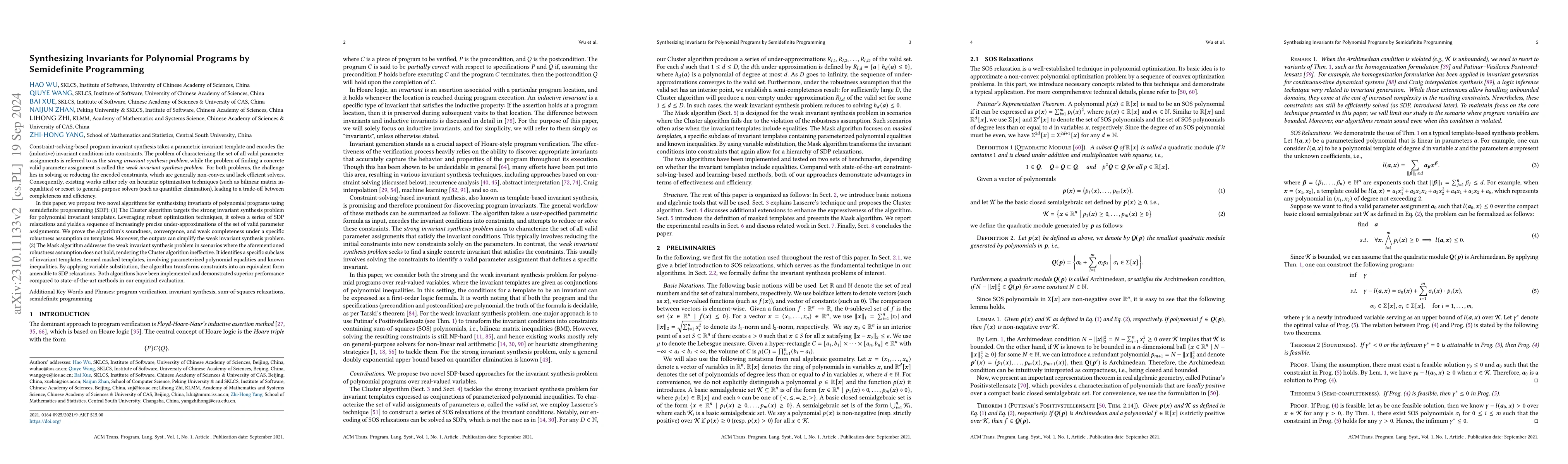 Thumbnail for Synthesizing Invariants for Polynomial Programs by Semidefinite
  Programming