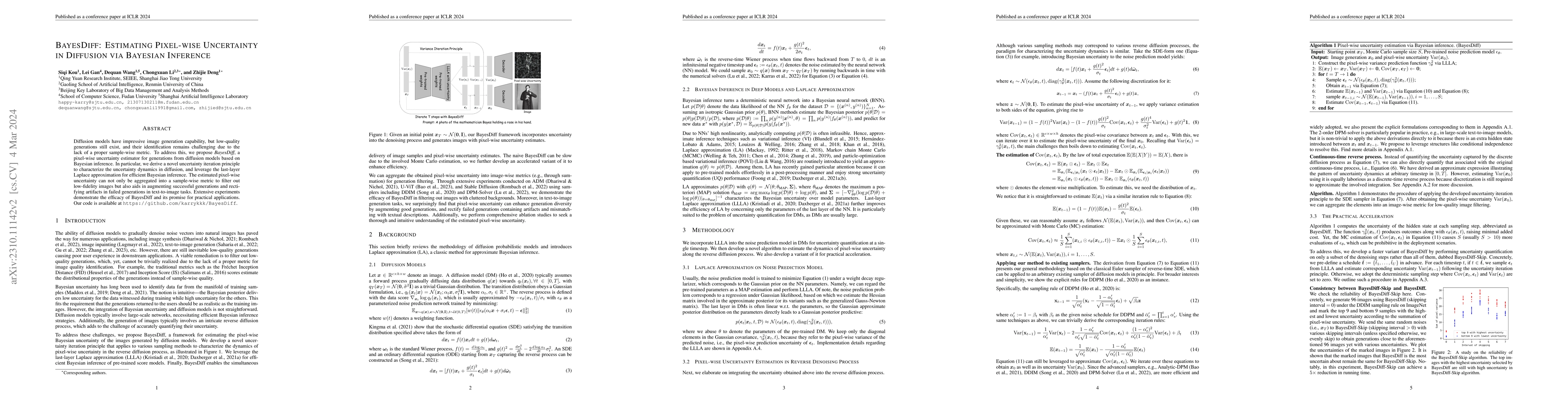 Thumbnail for BayesDiff: Estimating Pixel-wise Uncertainty in Diffusion via Bayesian
  Inference
