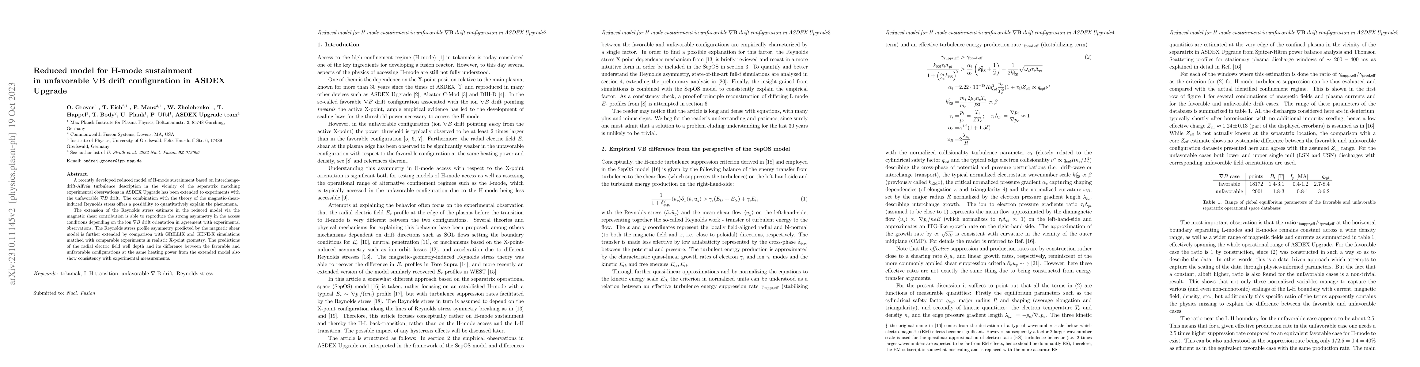 Thumbnail for Reduced model for H-mode sustainment in unfavorable $\mathbf{ \nabla B}$
  drift configuration in ASDEX Upgrade