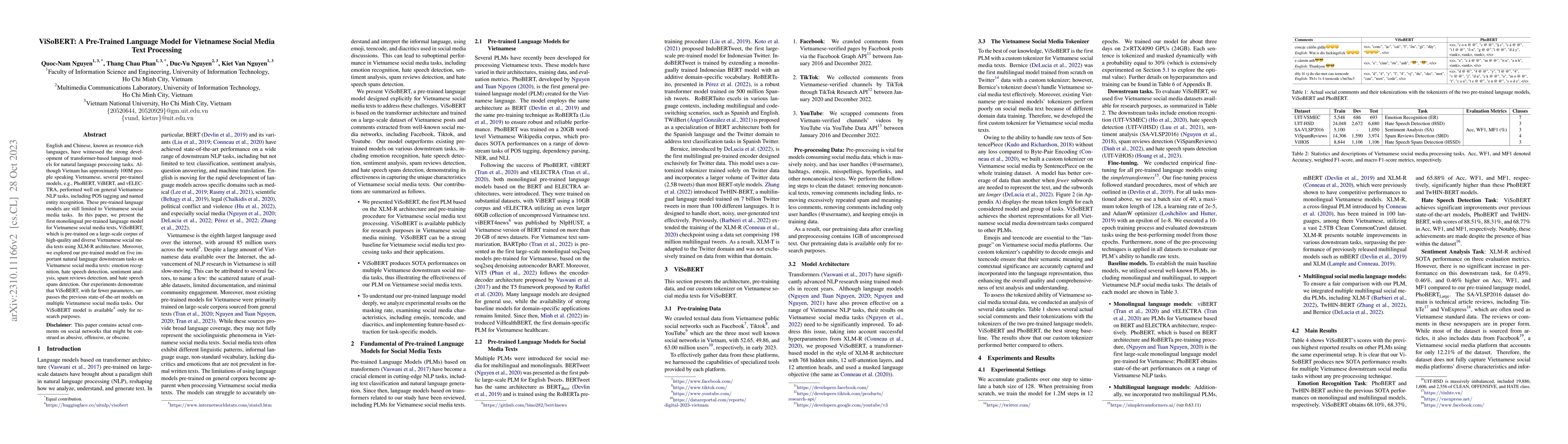 Thumbnail for ViSoBERT: A Pre-Trained Language Model for Vietnamese Social Media Text
  Processing