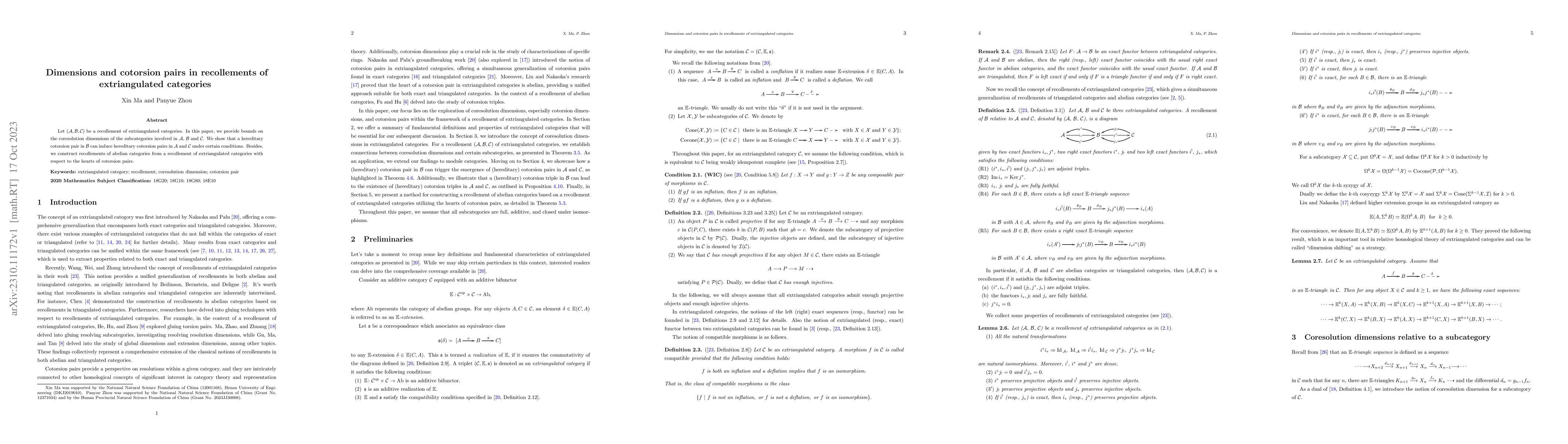 Thumbnail for Dimensions and cotorsion pairs in recollements of extriangulated
  categories