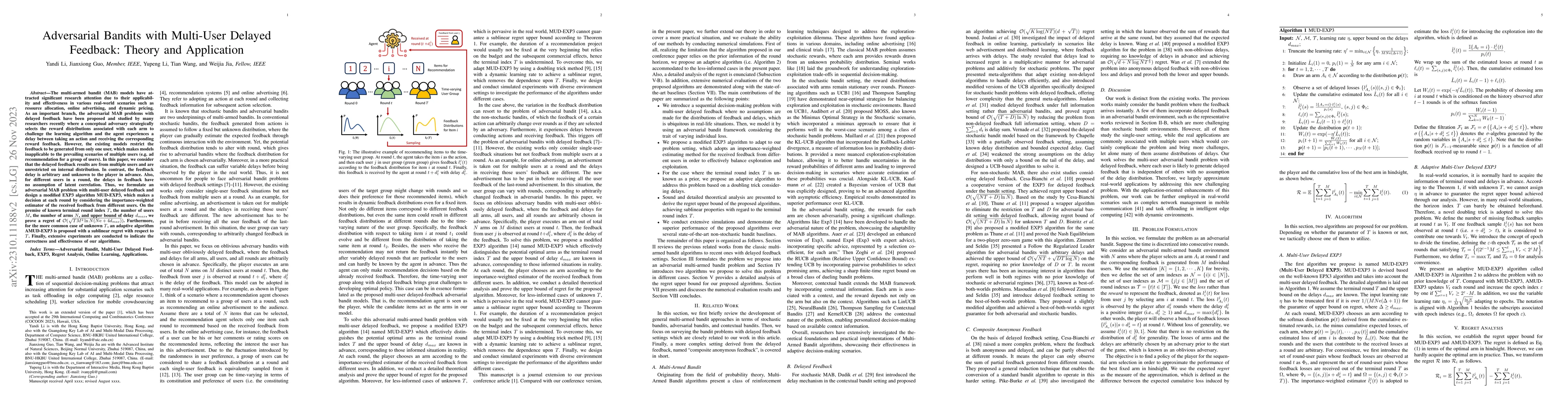 Thumbnail for Adversarial Bandits with Multi-User Delayed Feedback: Theory and
  Application