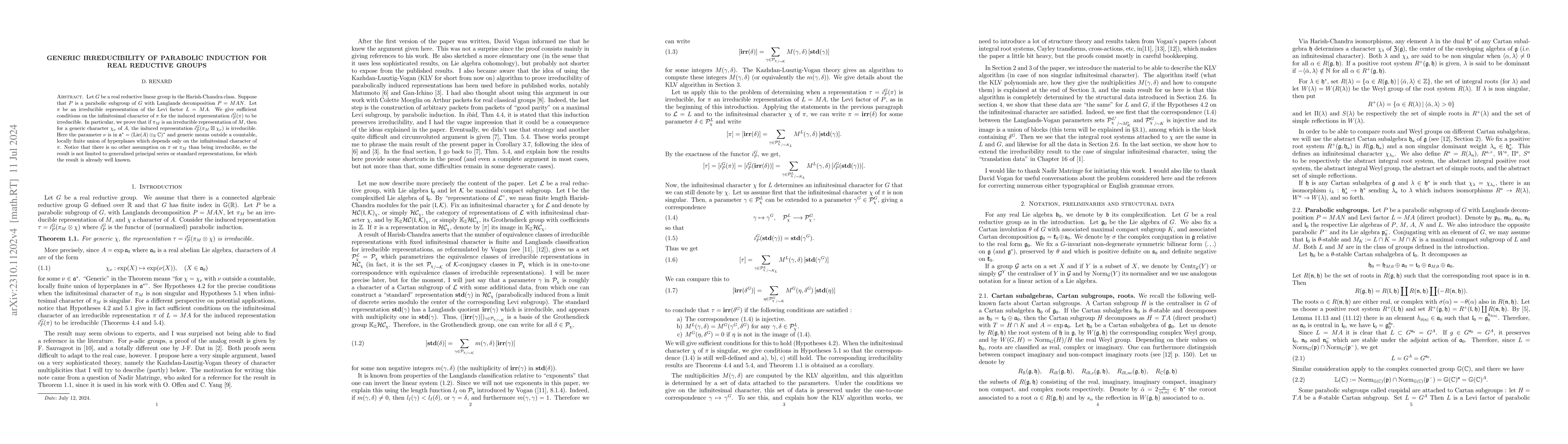 Thumbnail for Generic irreducibility of parabolic induction for real reductive groups