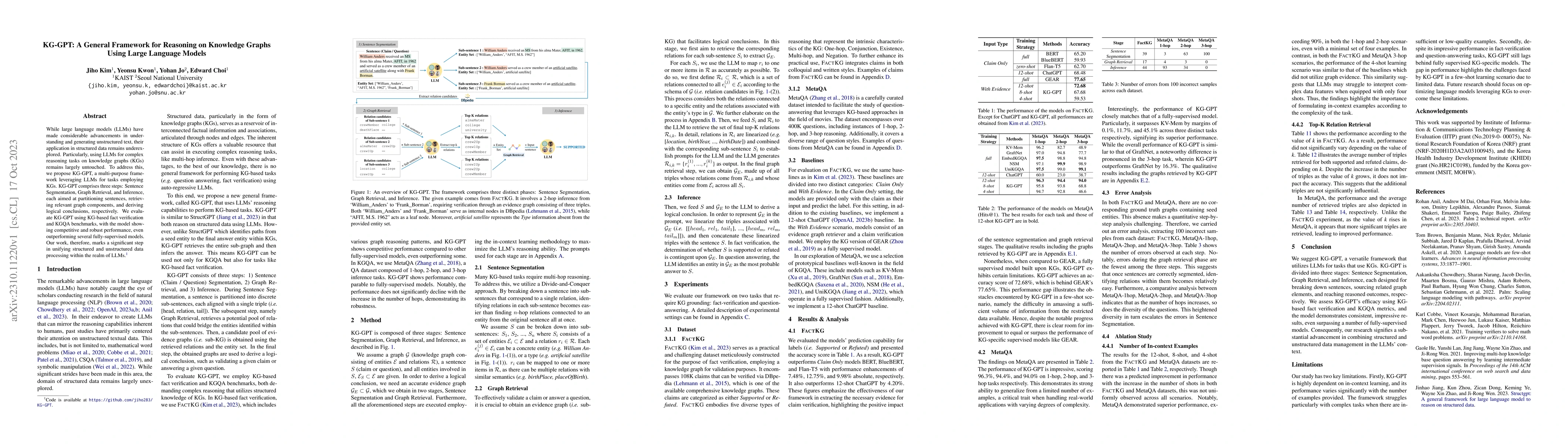 Thumbnail for KG-GPT: A General Framework for Reasoning on Knowledge Graphs Using
  Large Language Models