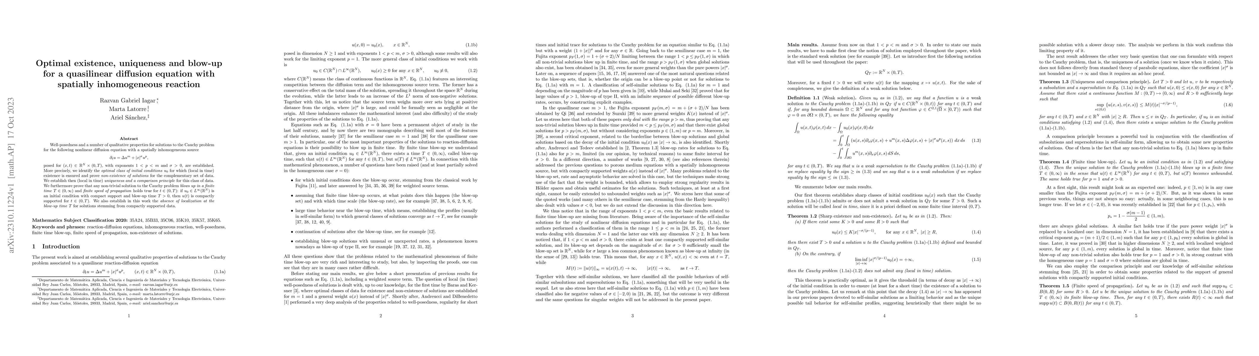Thumbnail for Optimal existence, uniqueness and blow-up for a quasilinear diffusion
  equation with spatially inhomogeneous reaction