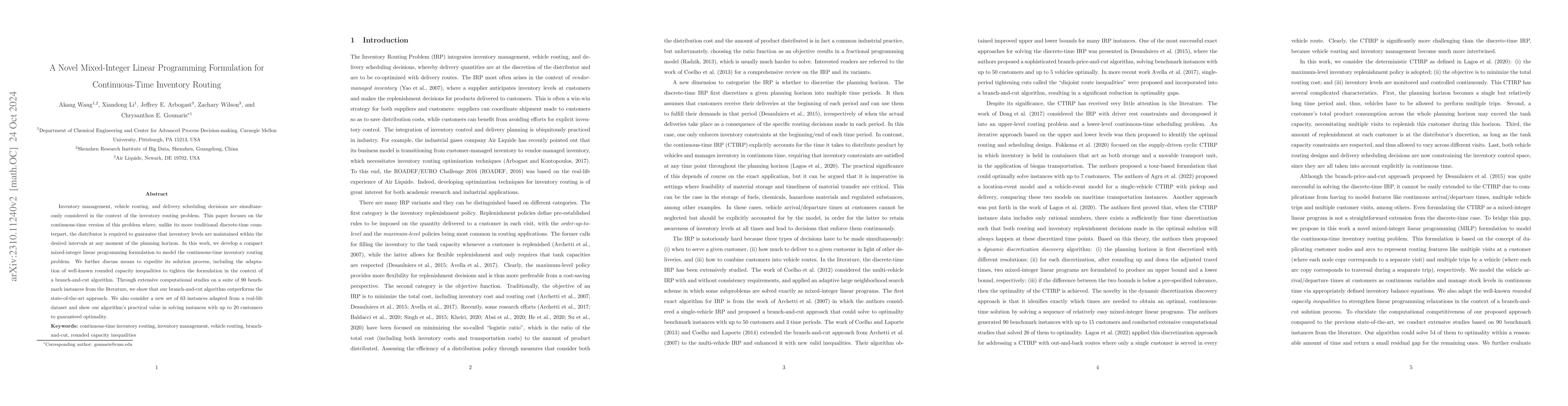 Thumbnail for A Novel Mixed-Integer Linear Programming Formulation for Continuous-Time
  Inventory Routing