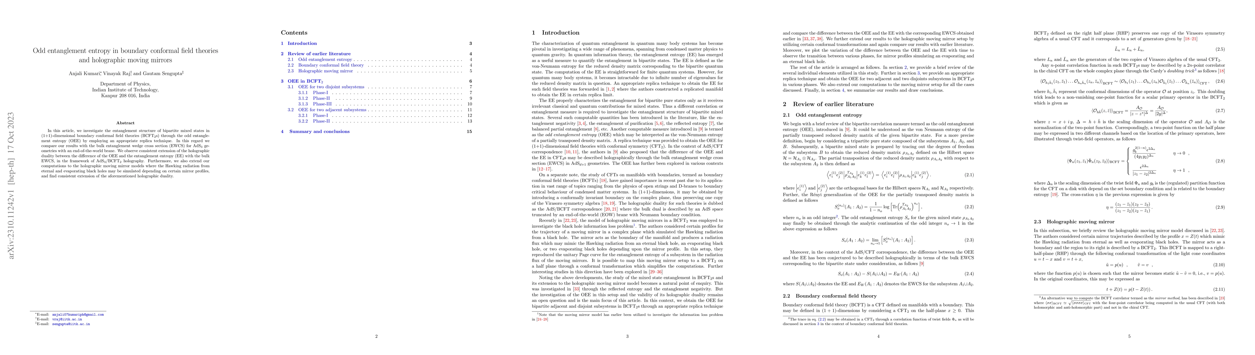Thumbnail for Odd entanglement entropy in boundary conformal field theories and
  holographic moving mirrors