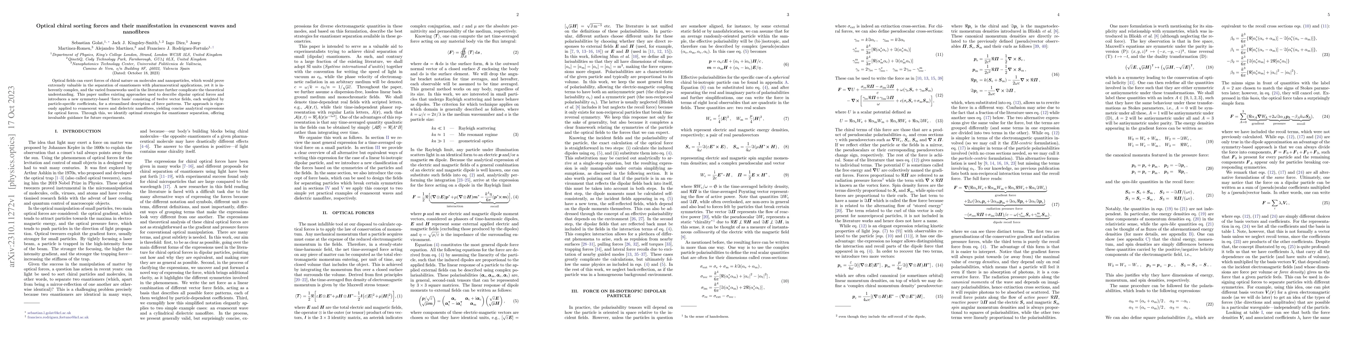 Thumbnail for Optical chiral sorting forces and their manifestation in evanescent
  waves and nanofibres