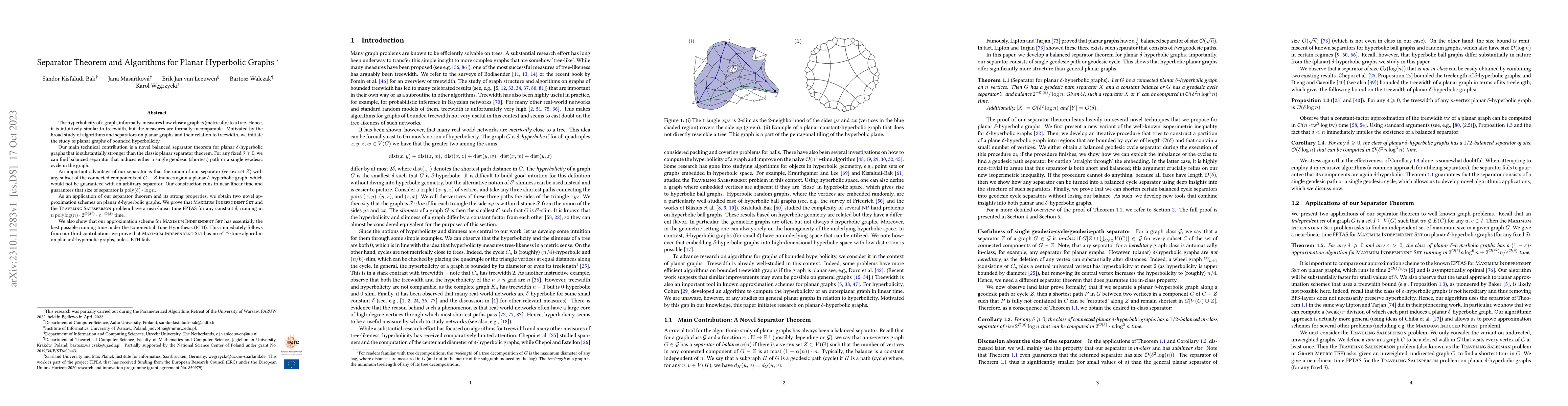 Thumbnail for Separator Theorem and Algorithms for Planar Hyperbolic Graphs