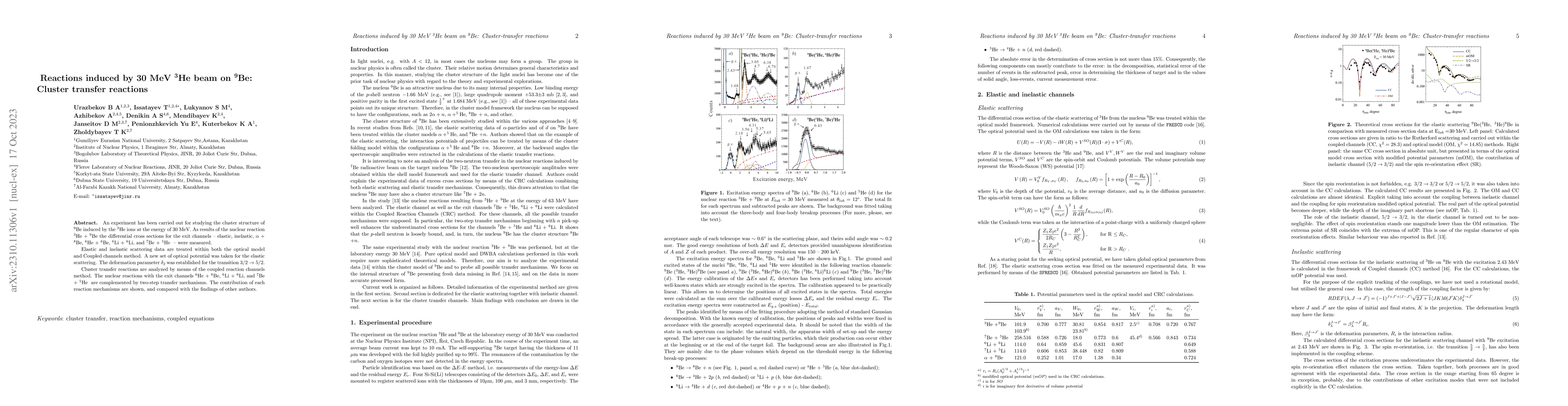 Thumbnail for Reactions induced by 30 MeV 3He beam on 9Be: Cluster transfer reactions