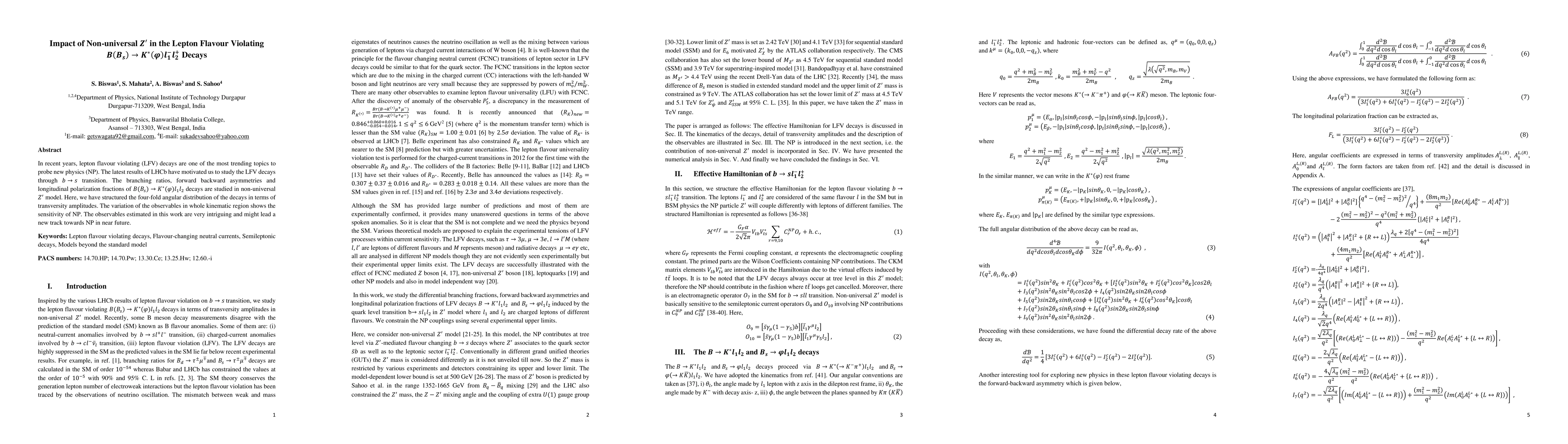 Thumbnail for Impact of Non-universal Z^' in the Lepton Flavour Violating B(B_s ) to
  K^* ({\phi}) l_1^- l_2^+ decays