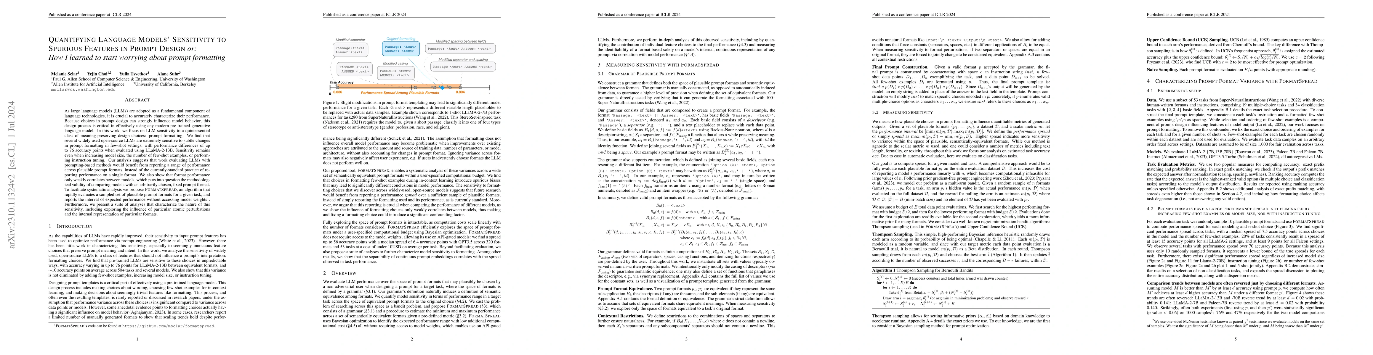 Thumbnail for Quantifying Language Models' Sensitivity to Spurious Features in Prompt
  Design or: How I learned to start worrying about prompt formatting
