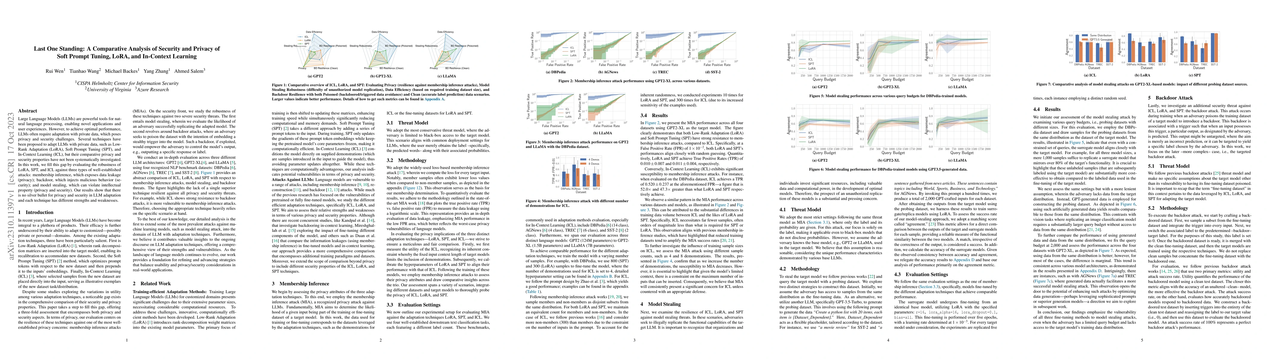 Thumbnail for Last One Standing: A Comparative Analysis of Security and Privacy of
  Soft Prompt Tuning, LoRA, and In-Context Learning