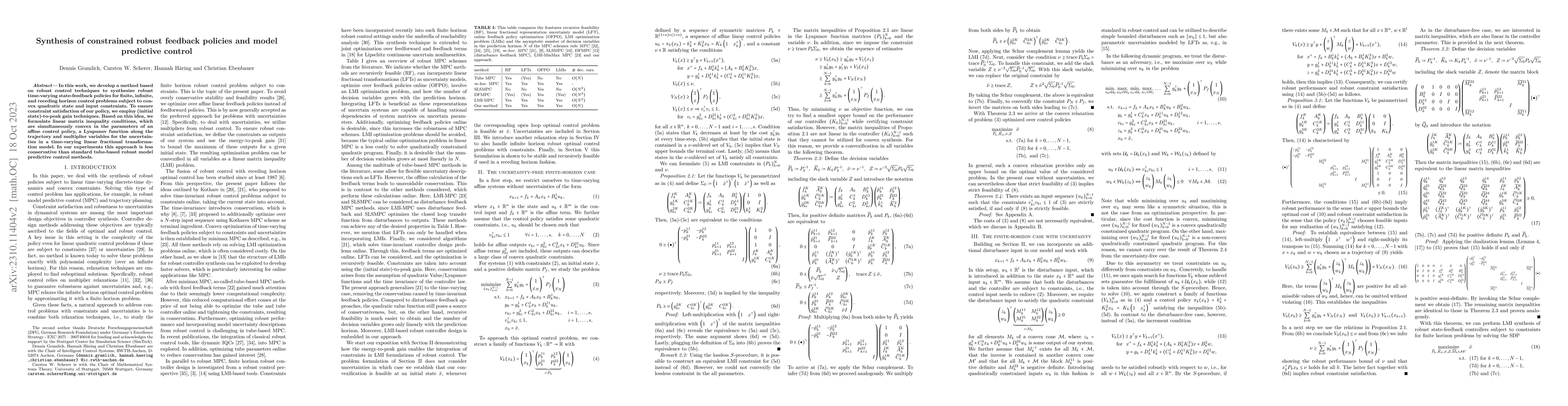 Thumbnail for Synthesis of constrained robust feedback policies and model predictive
  control