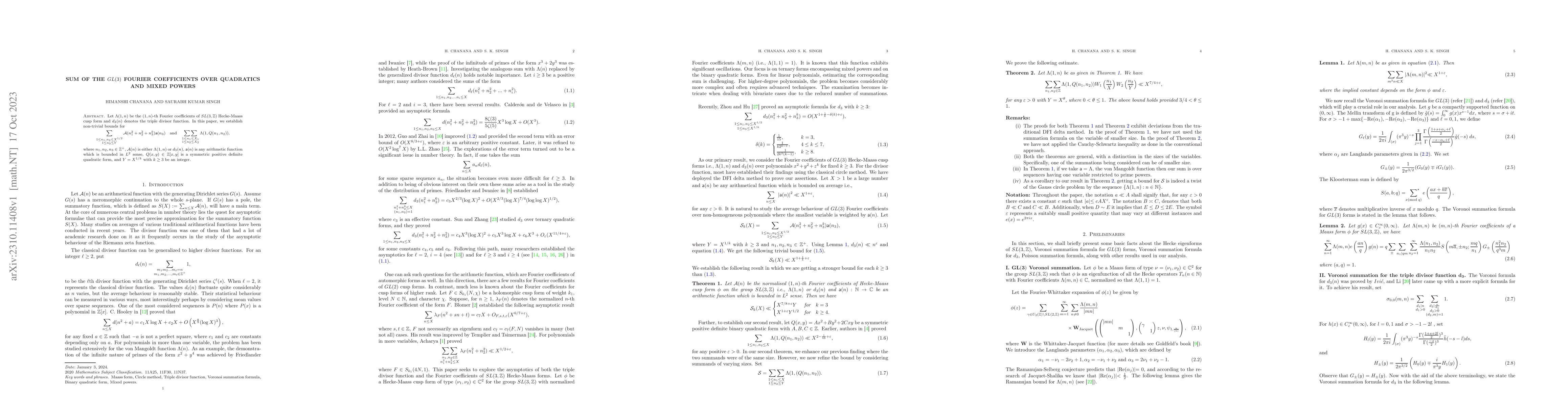 Thumbnail for Sum of the $GL(3)$ Fourier coefficients over quadratics and mixed powers