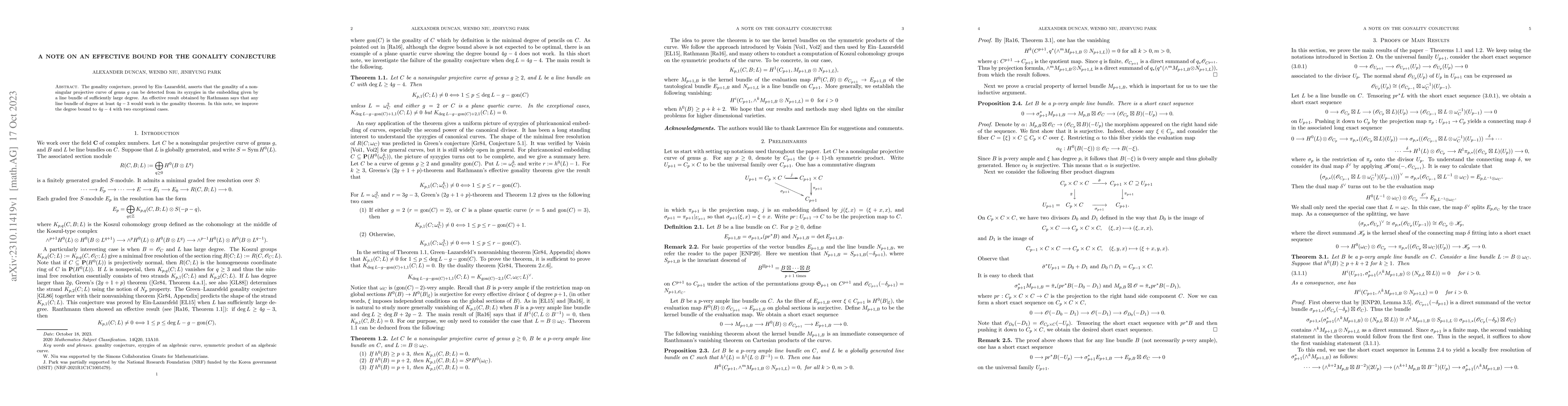 Thumbnail for A note on an effective bound for the gonality conjecture