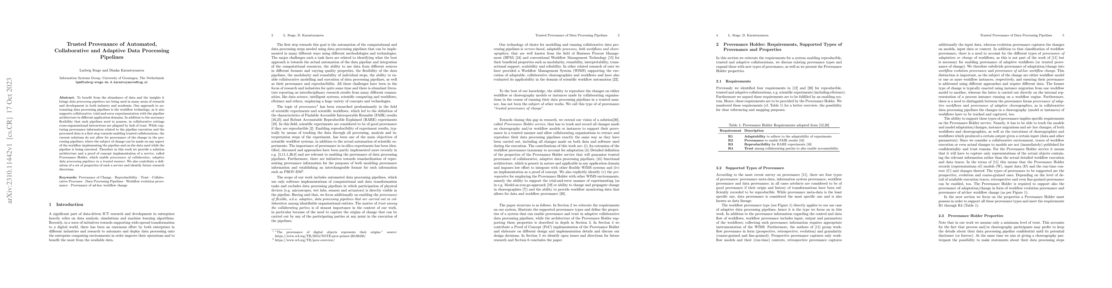 Thumbnail for Trusted Provenance of Automated, Collaborative and Adaptive Data
  Processing Pipelines