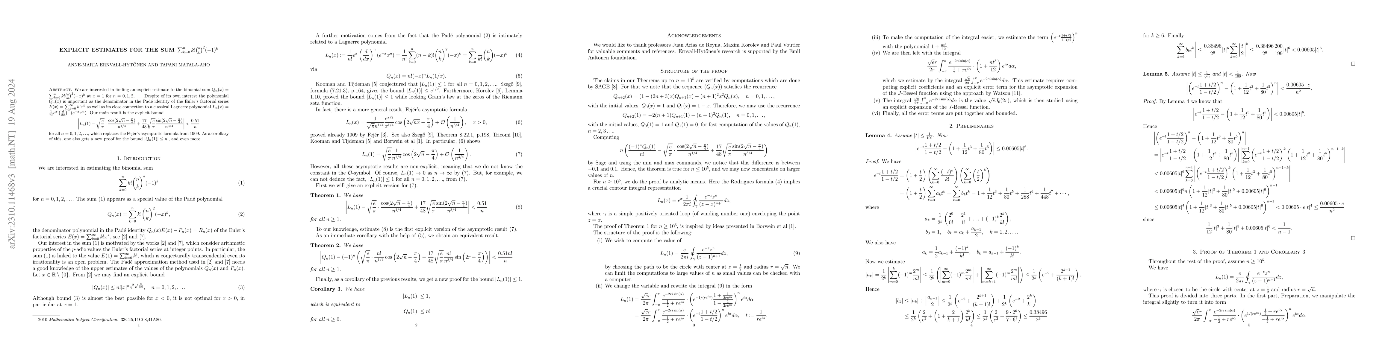 Thumbnail for Explicit estimates for the sum $\sum_{k=0}^{n} k! {n\choose k}^2
  (-1)^{k}$