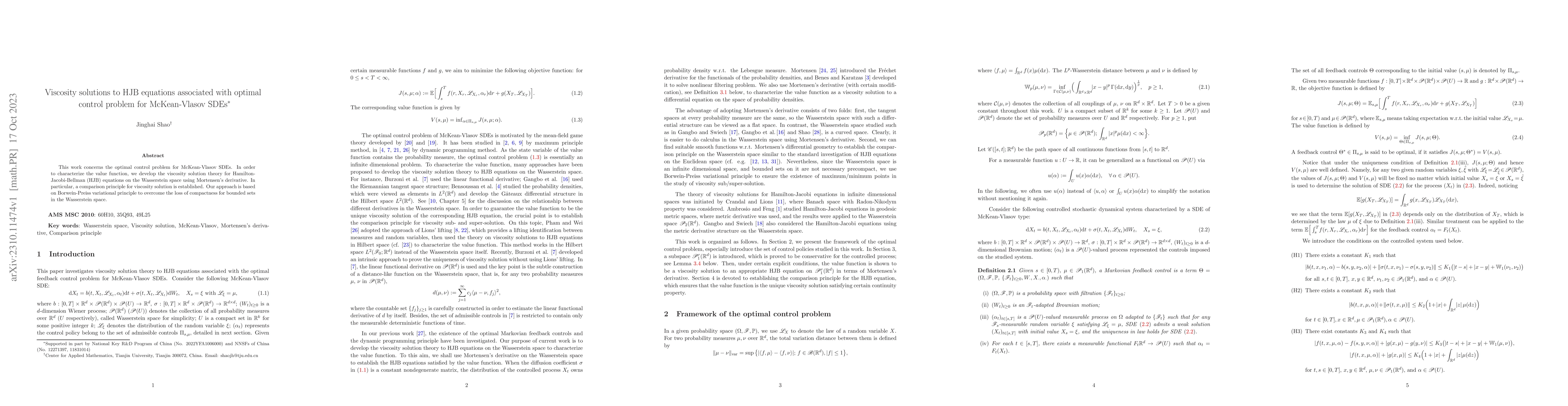 Thumbnail for Viscosity solutions to HJB equations associated with optimal control
  problem for McKean-Vlasov SDEs
