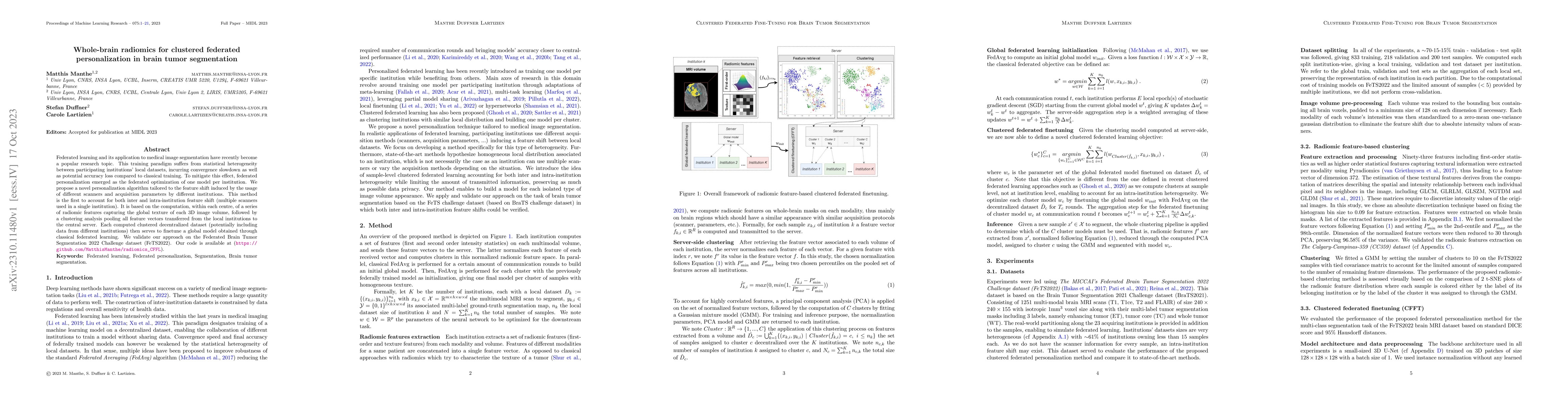 Thumbnail for Whole-brain radiomics for clustered federated personalization in brain
  tumor segmentation