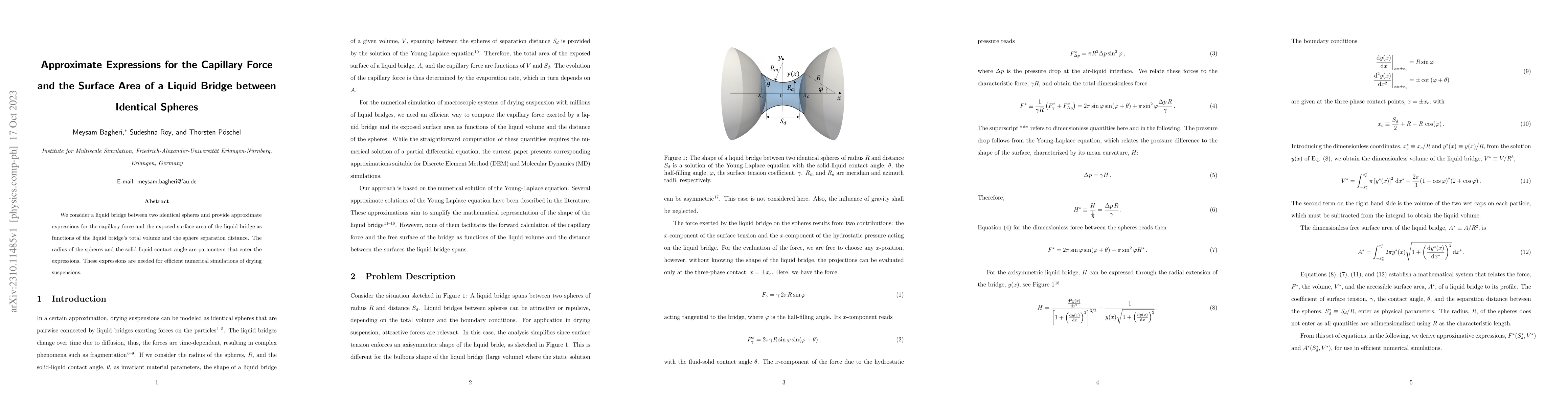 Thumbnail for Approximate Expressions for the Capillary Force and the Surface Area of
  a Liquid Bridge between Identical Spheres