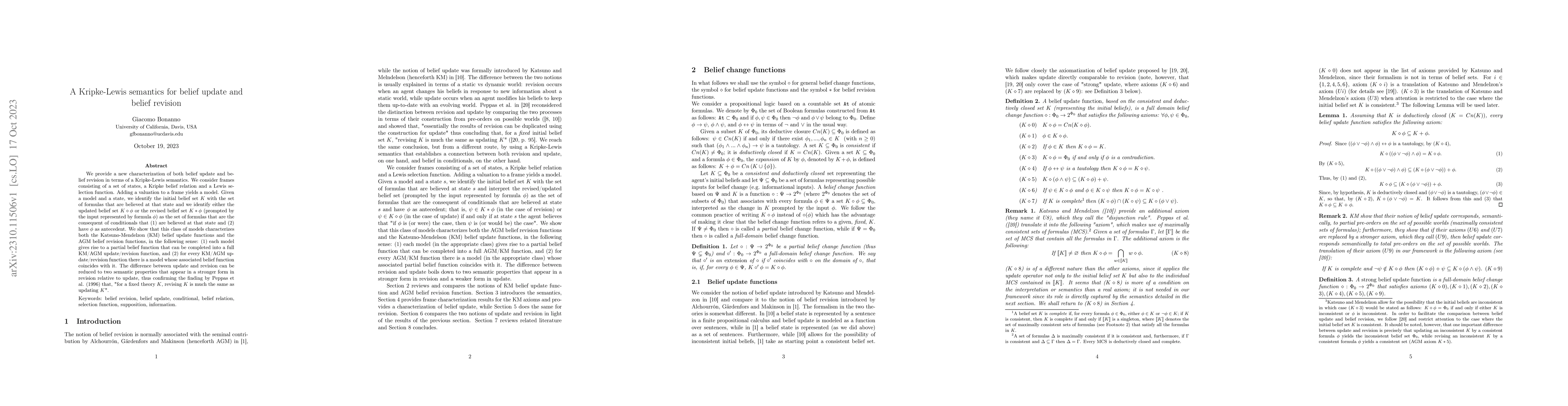 Thumbnail for A Kripke-Lewis semantics for belief update and belief revision
