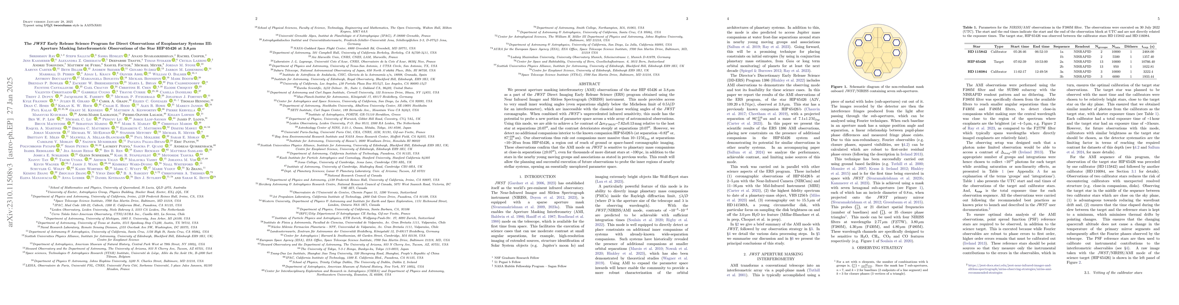 Thumbnail for The \textit{JWST} Early Release Science Program for Direct Observations
  of Exoplanetary Systems III: Aperture Masking Interferometric Observations of
  the star HIP\,65426 at $\boldsymbol{3.8\,\rm{\mu m}}$