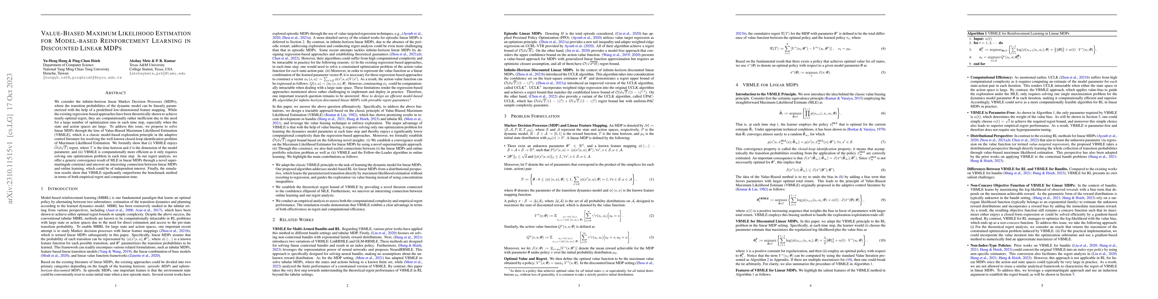 Thumbnail for Value-Biased Maximum Likelihood Estimation for Model-based Reinforcement
  Learning in Discounted Linear MDPs