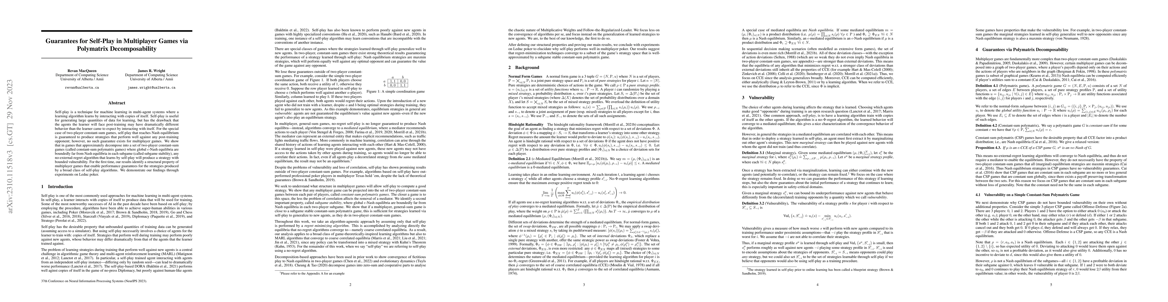 Thumbnail for Guarantees for Self-Play in Multiplayer Games via Polymatrix
  Decomposability