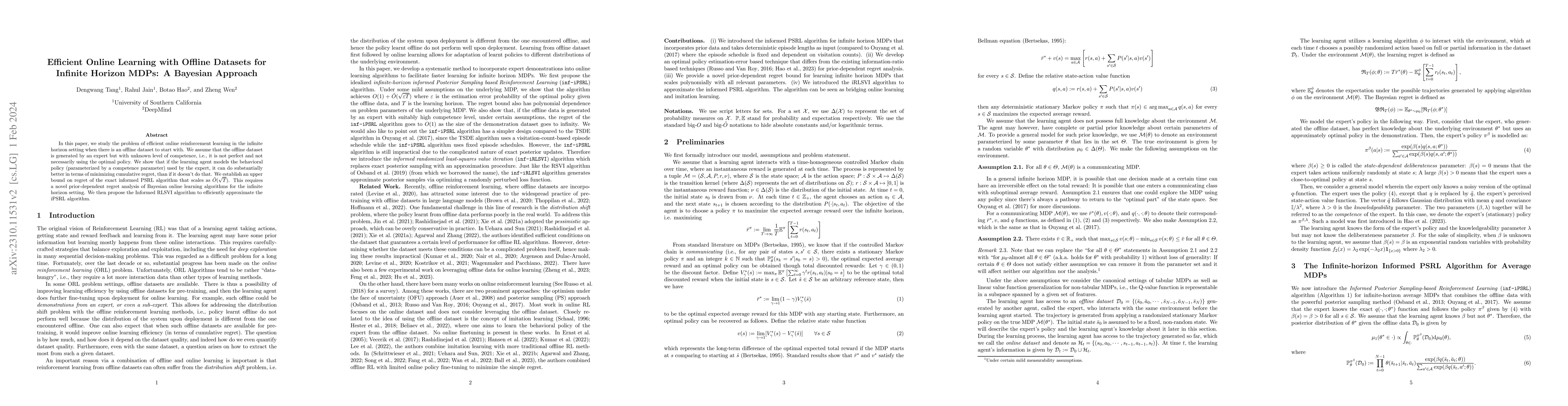 Thumbnail for Efficient Online Learning with Offline Datasets for Infinite Horizon
  MDPs: A Bayesian Approach