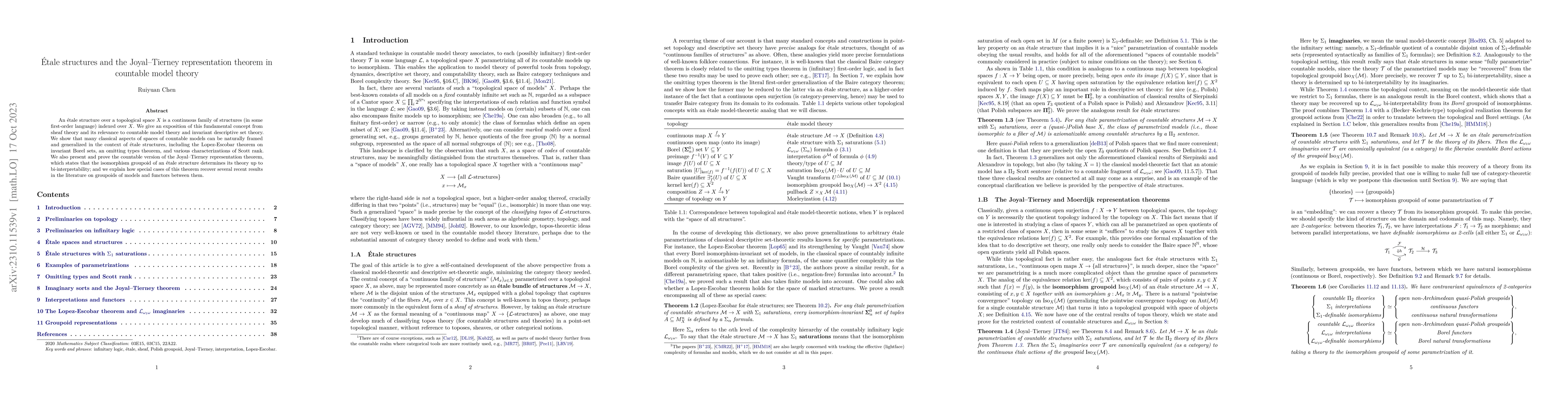 Thumbnail for \'Etale structures and the Joyal-Tierney representation theorem in
  countable model theory