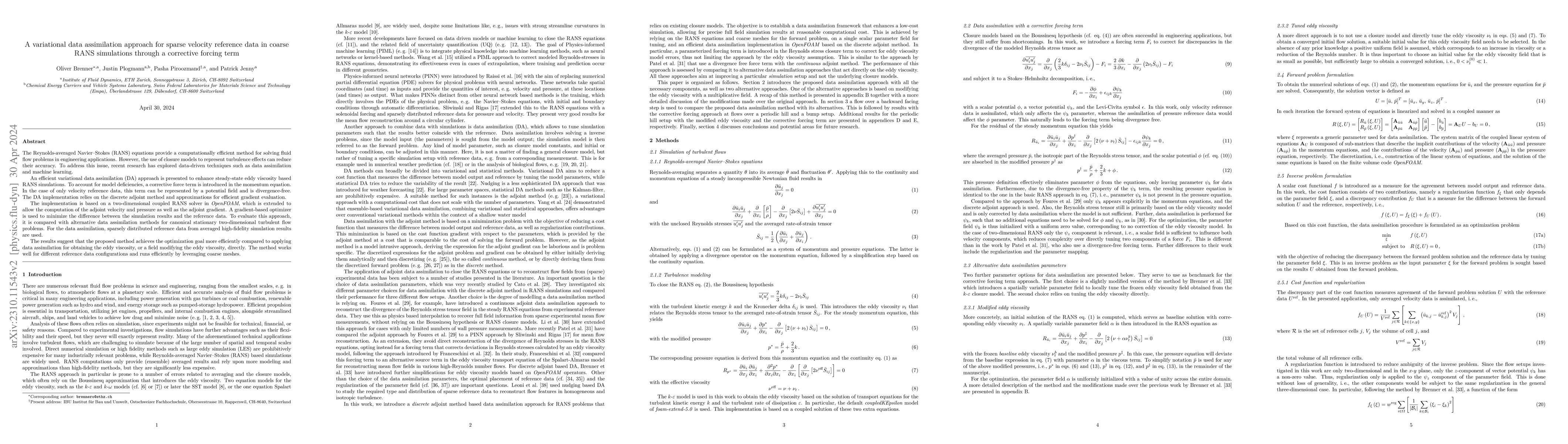 Thumbnail for A variational data assimilation approach for sparse velocity reference
  data in coarse RANS simulations through a corrective forcing term