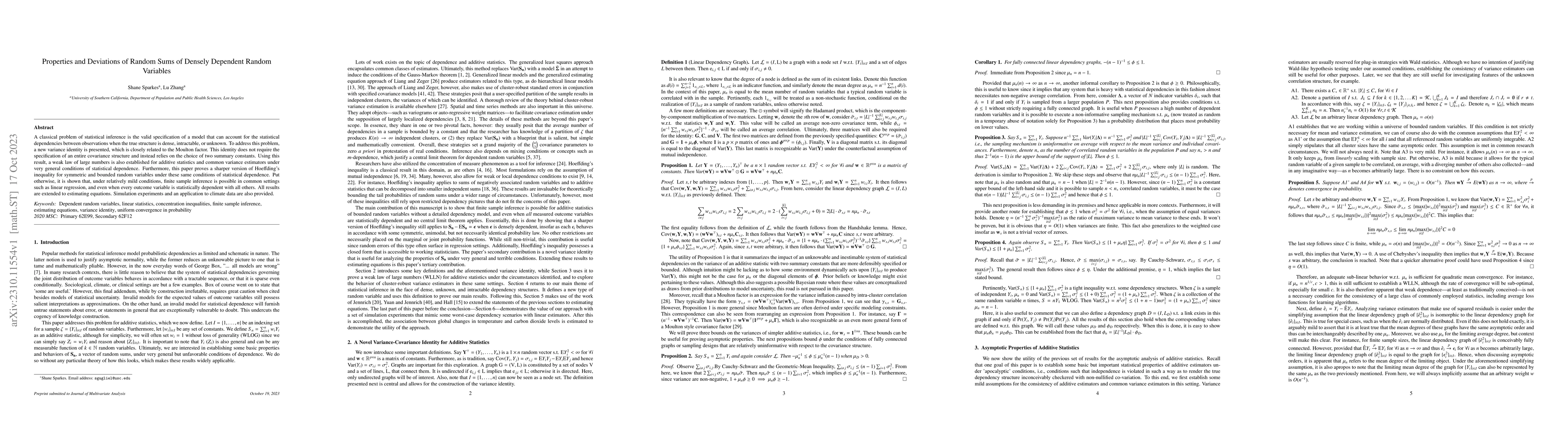 Thumbnail for Properties and Deviations of Random Sums of Densely Dependent Random
  Variables