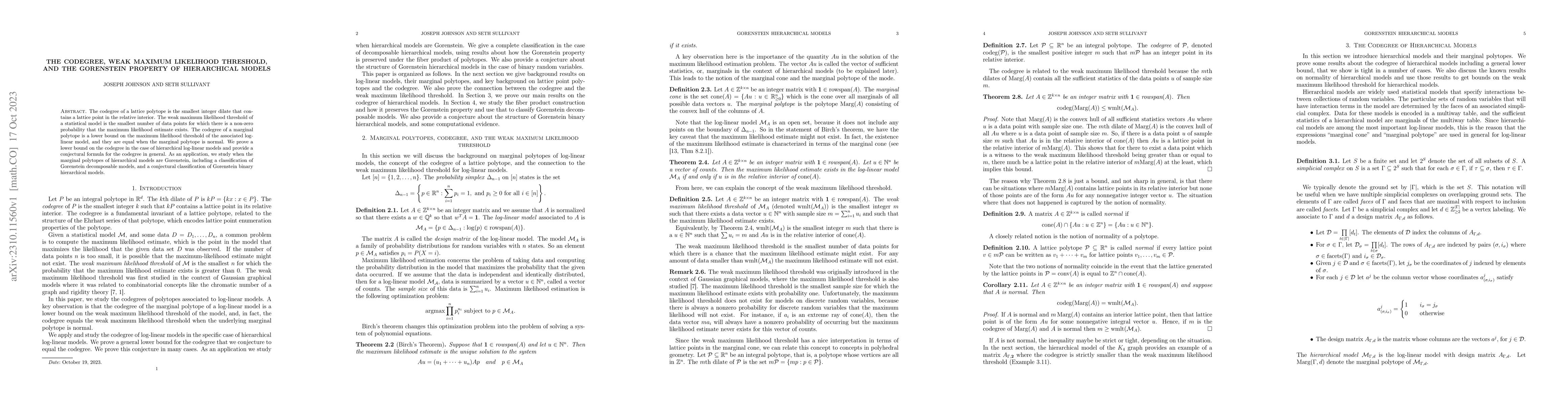 Thumbnail for The Codegree, Weak Maximum Likelihood Threshold, and the Gorenstein
  Property of Hierarchical Models