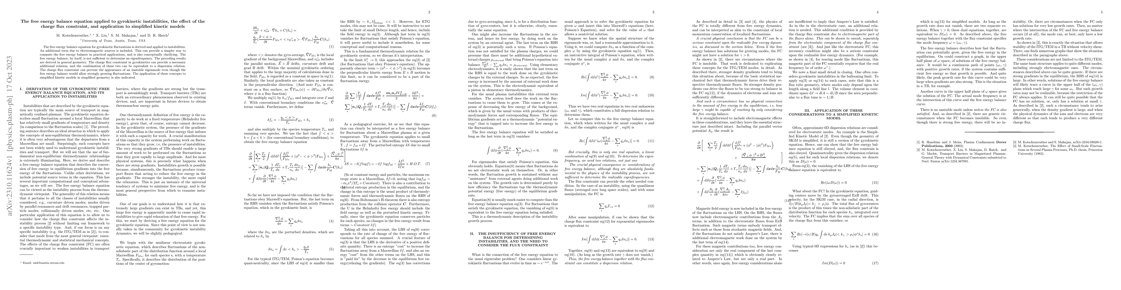Thumbnail for The free energy balance equation applied to gyrokinetic instabilities,
  the effect of the charge flux constraint, and application to simplified
  kinetic models