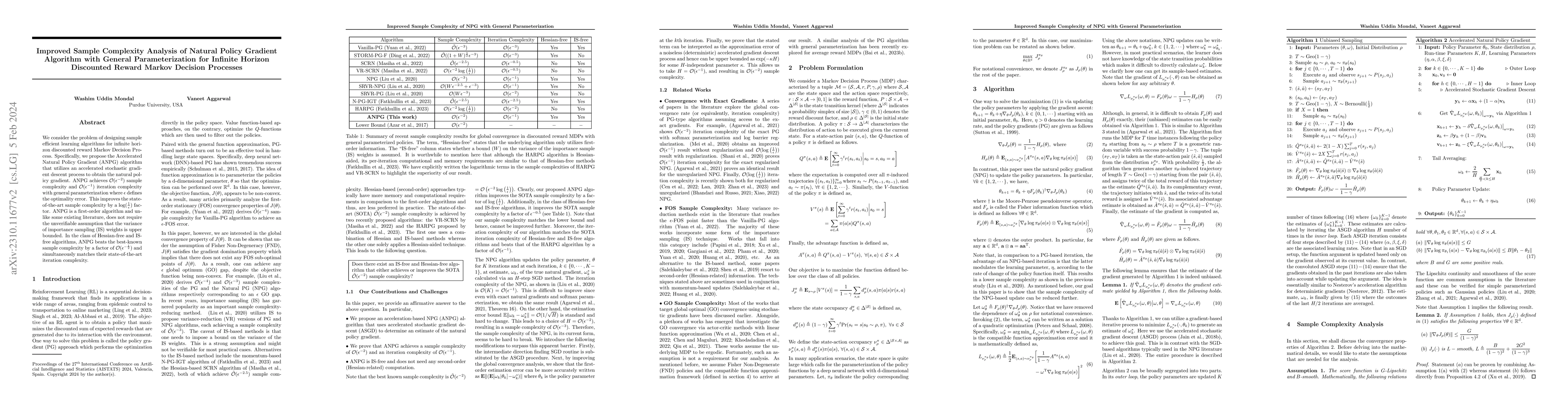 Thumbnail for Improved Sample Complexity Analysis of Natural Policy Gradient Algorithm
  with General Parameterization for Infinite Horizon Discounted Reward Markov
  Decision Processes